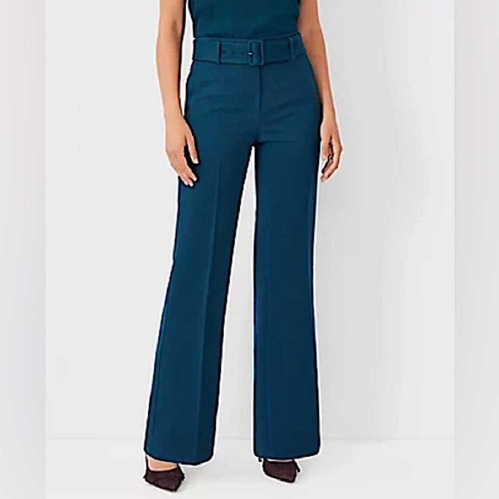{Ann Taylor} "Belted Boot Pant in Ominous Teal" Bootcut Tailored Dress Pants